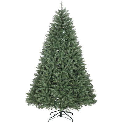 Abeto de Navidad denso de 210 cm con soporte metálico verde, vista frontal sobre fondo blanco