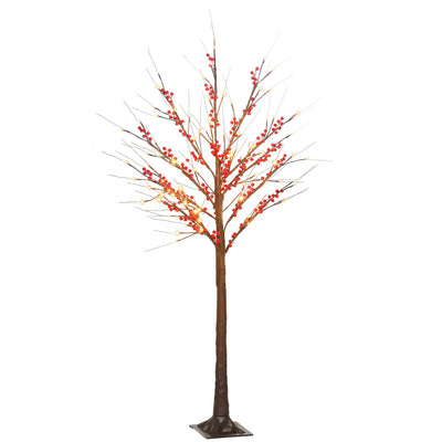 Árbol de abedul artificial de 150 cm con bayas rojas y 96 luces LED sobre fondo blanco