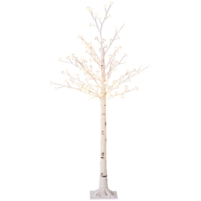 Árbol de abedul artificial blanco de 150 cm con 120 luces LED sobre fondo blanco