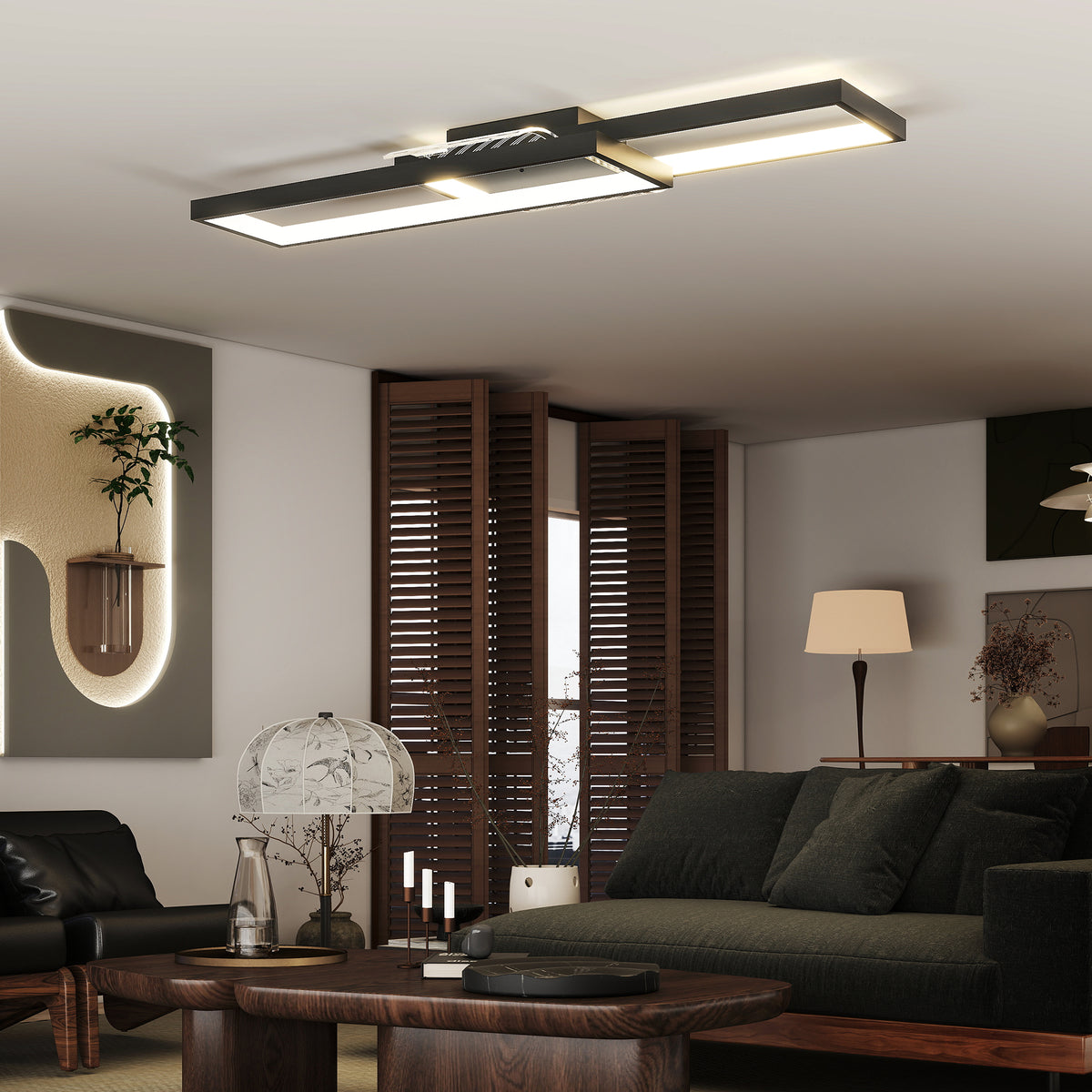 Lámpara de techo LED rectangular encendida en un salón moderno con sofá oscuro y mesa de centro