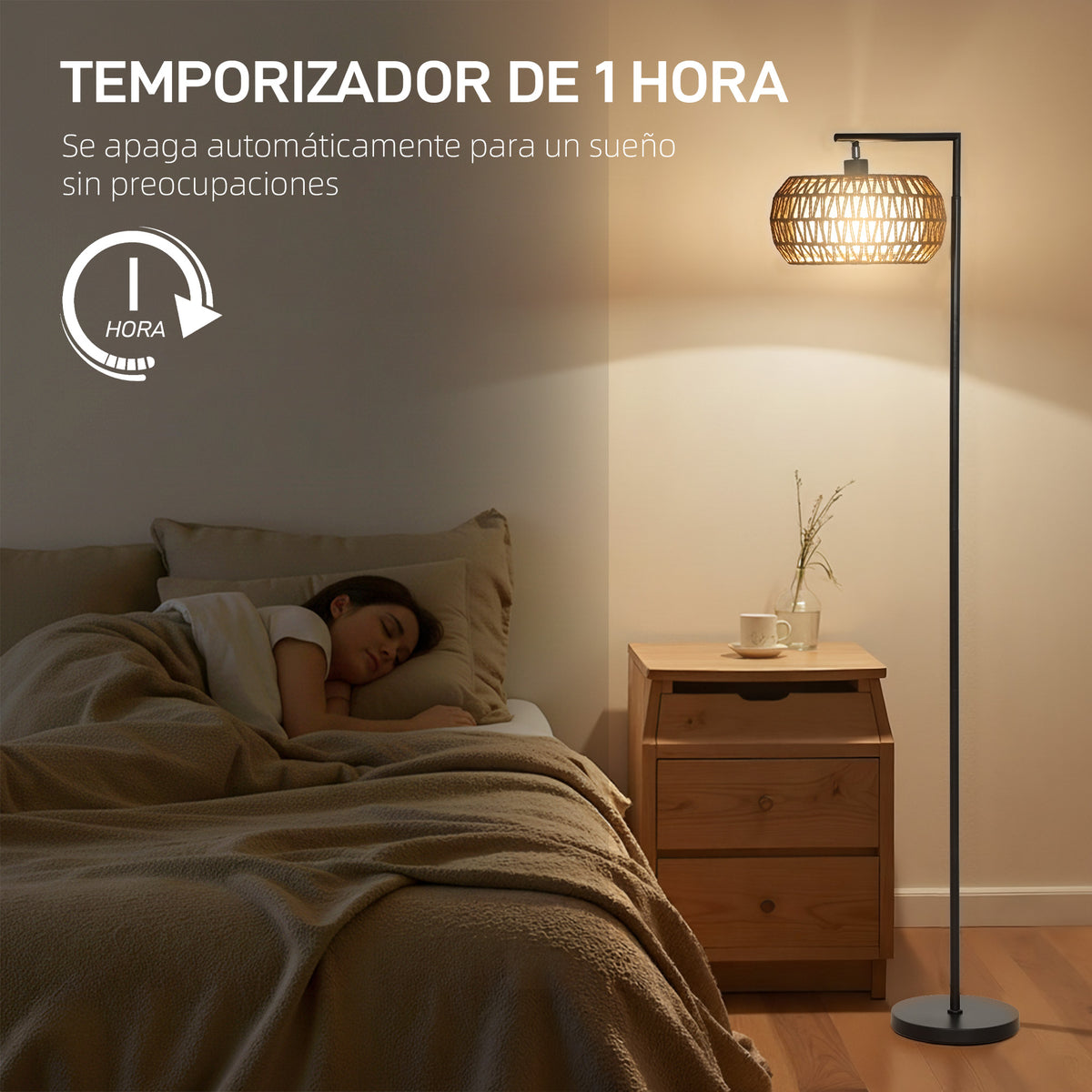 Lámpara de pie boho negra con doble pantalla de papel y tela, vista 6