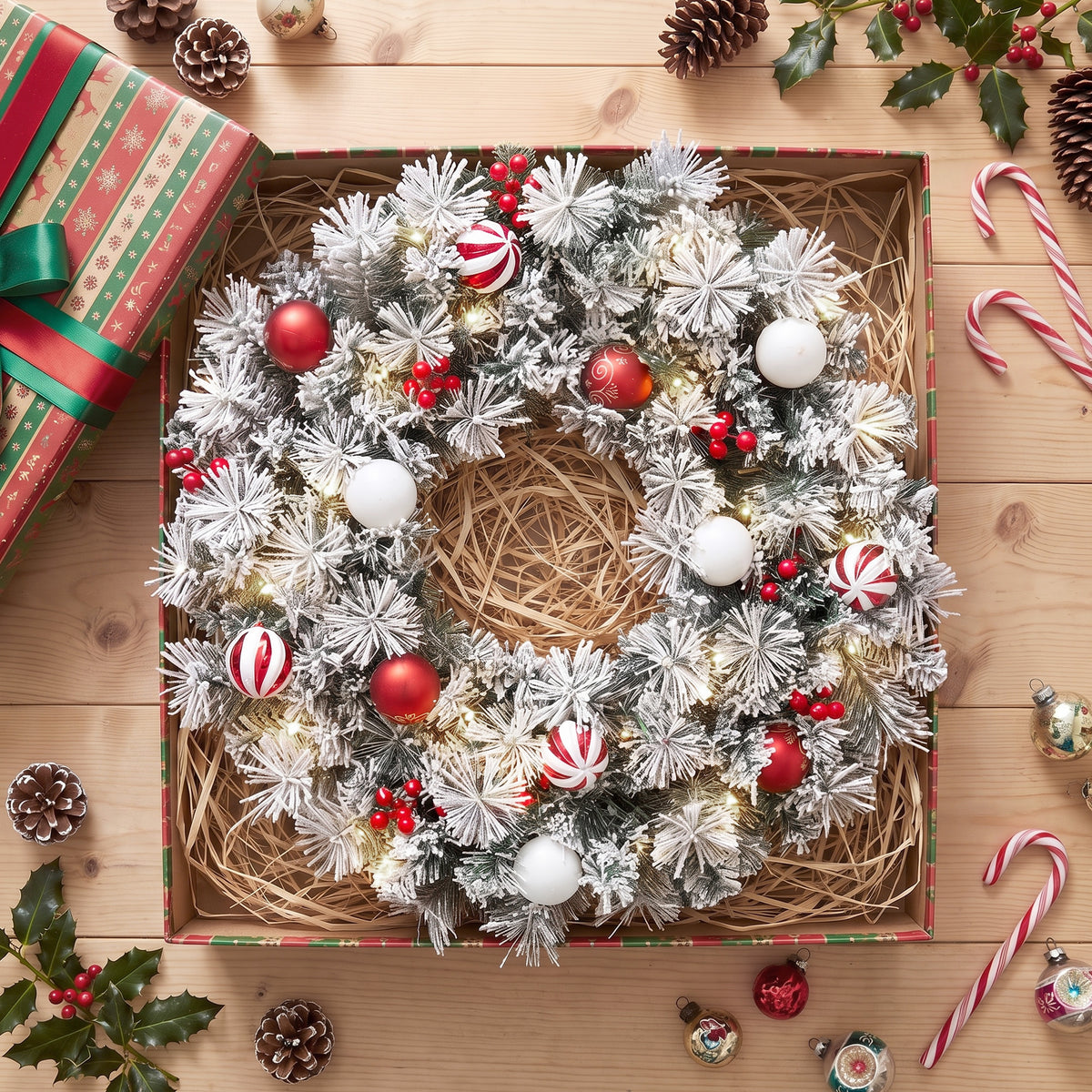 Corona de Navidad nevada con bolas decorativas, vista desde arriba sobre una mesa de madera con adornos