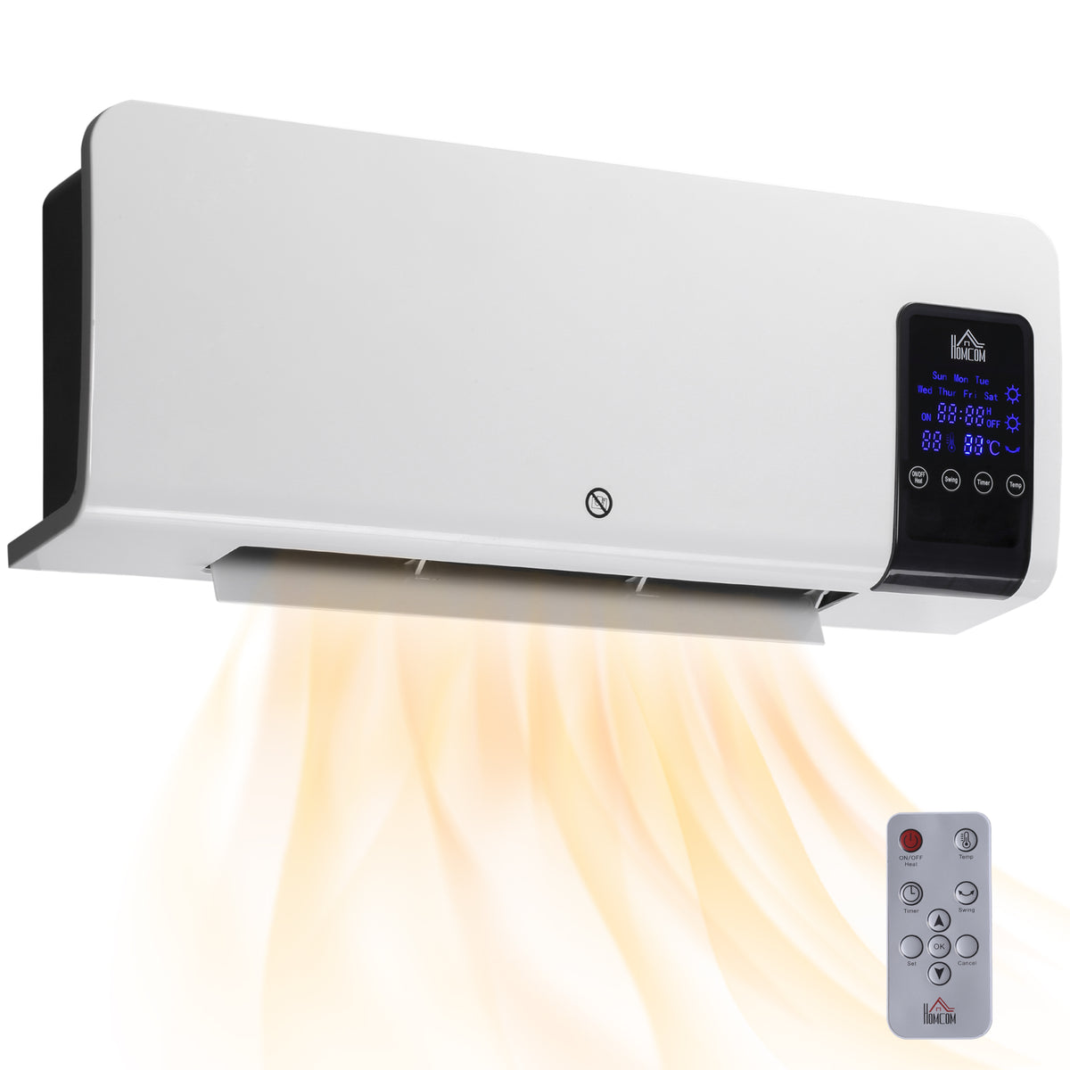 Calefactor eléctrico de pared blanco con pantalla LED sobre fondo blanco