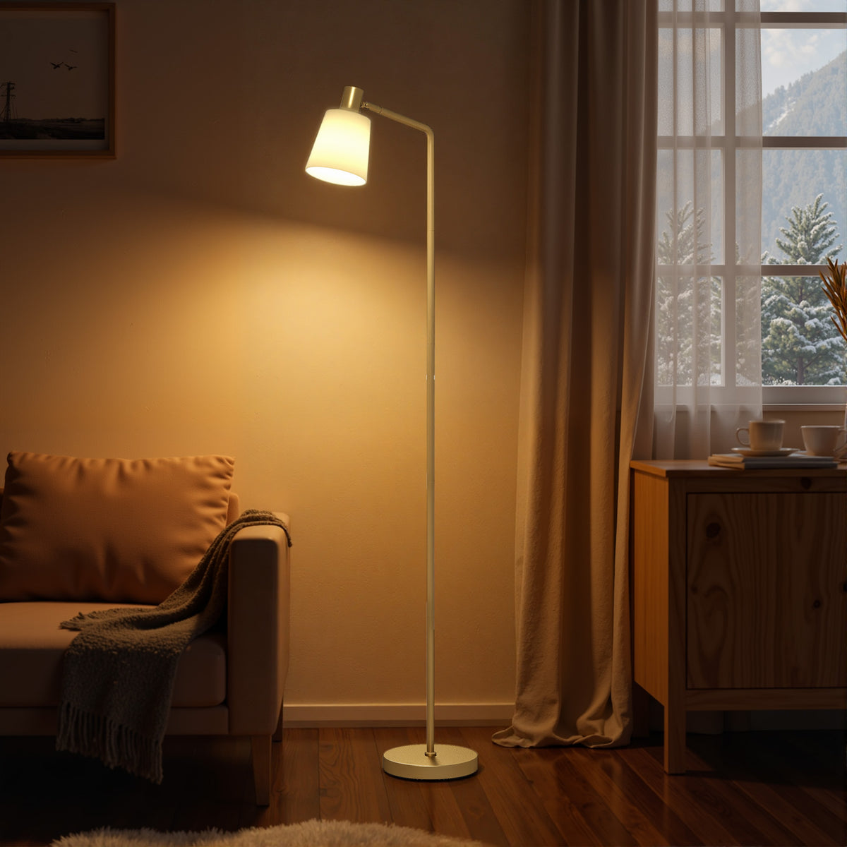 Lámpara de pie LED blanca y dorada con pantalla giratoria, vista 8