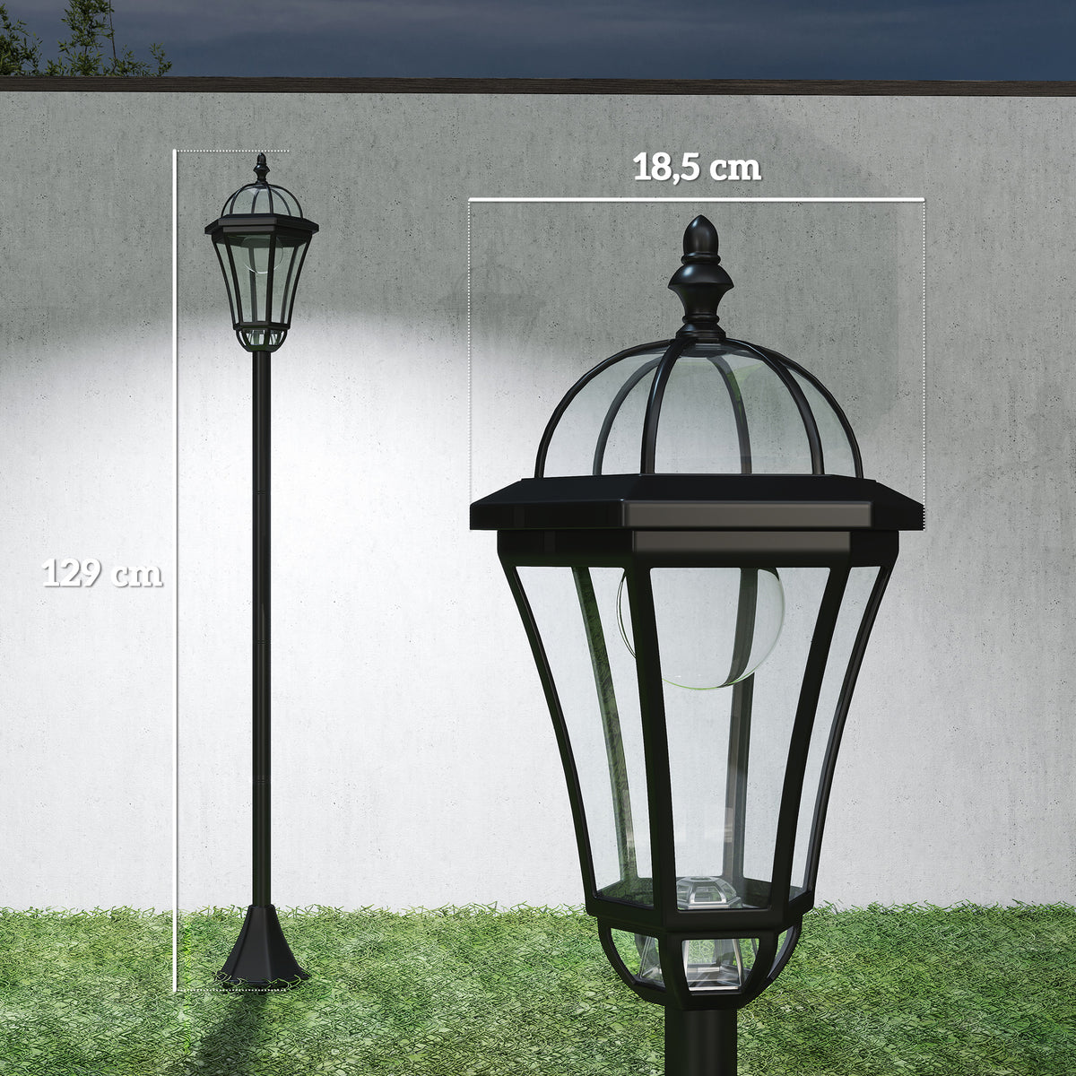 Medidas de la farola solar: Ø 18,5 cm y 129 cm de alto