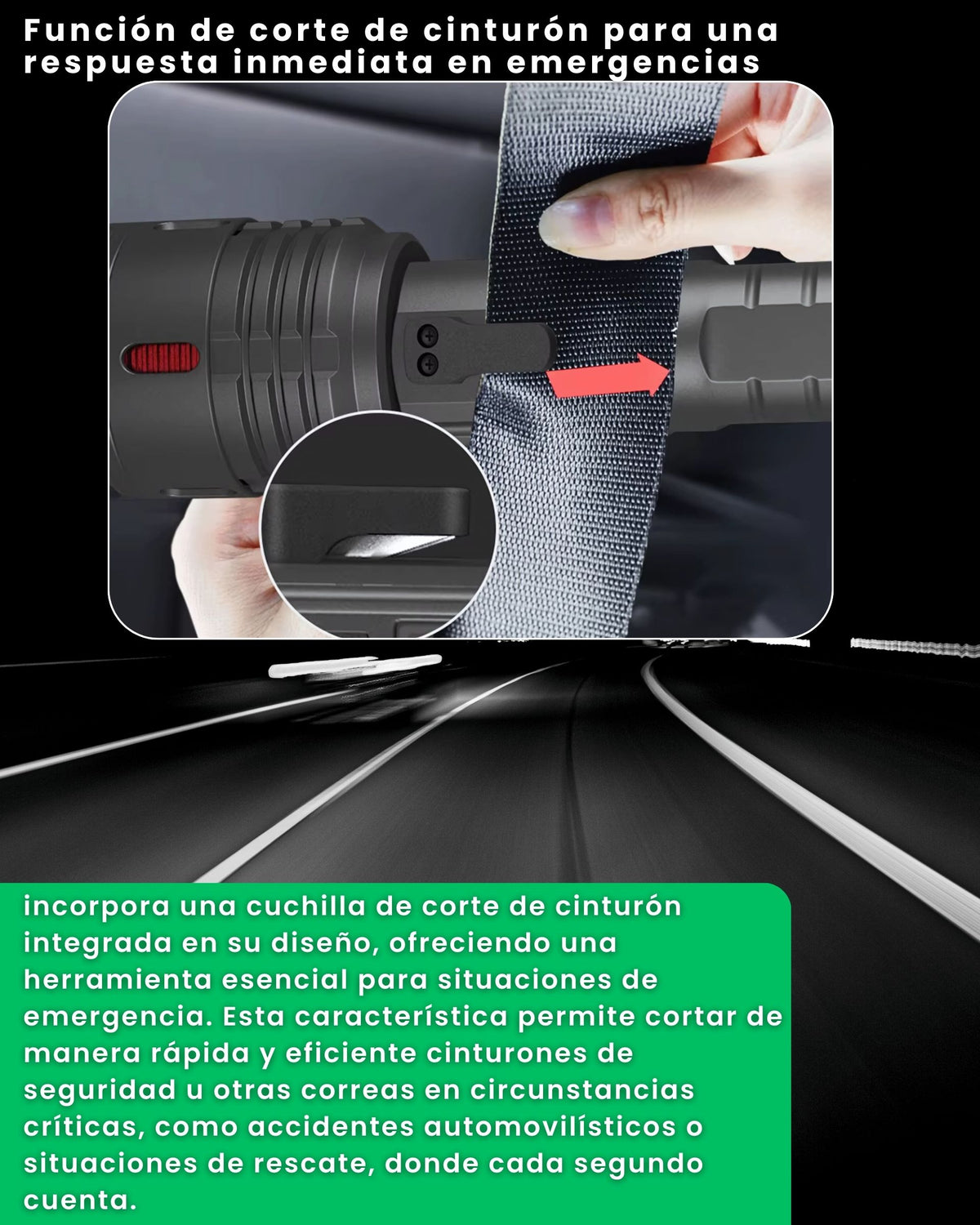 Cuchilla de corte de cinturón integrada en la linterna ALUMAR para situaciones de emergencia