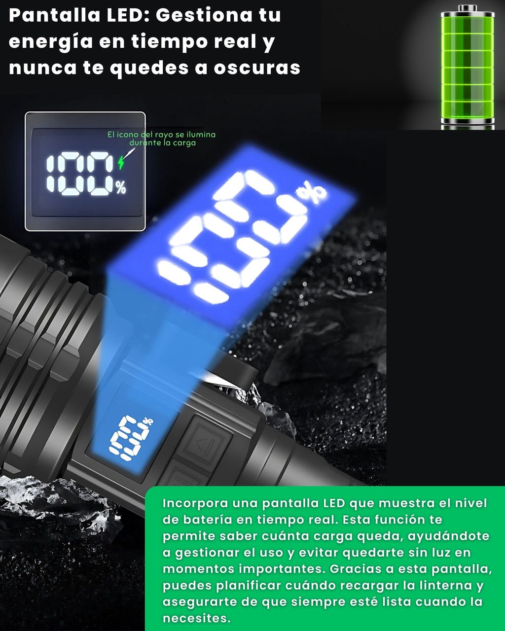 Pantalla LED de la linterna ALUMAR con el indicador de batería en tiempo real