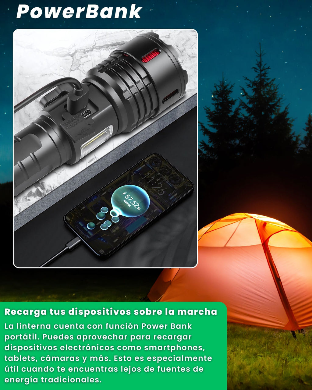 Función power bank de la linterna ALUMAR cargando un smartphone en un camping