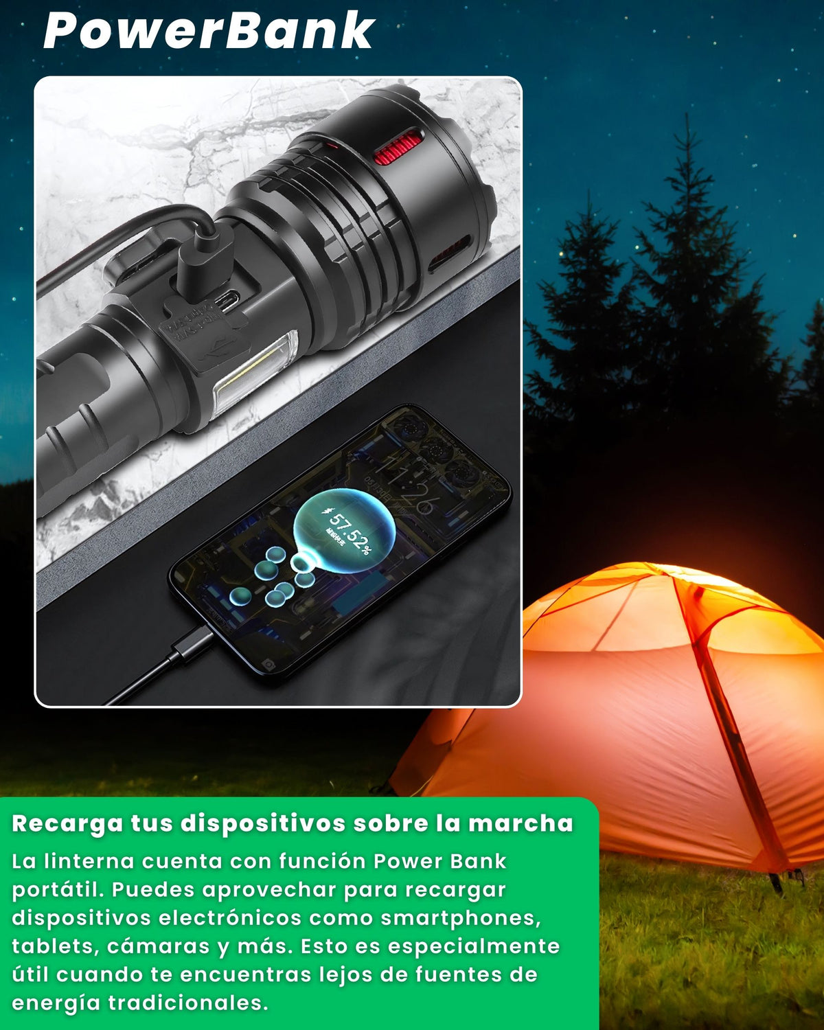 Función power bank de la linterna ALUMAR cargando un smartphone en un camping