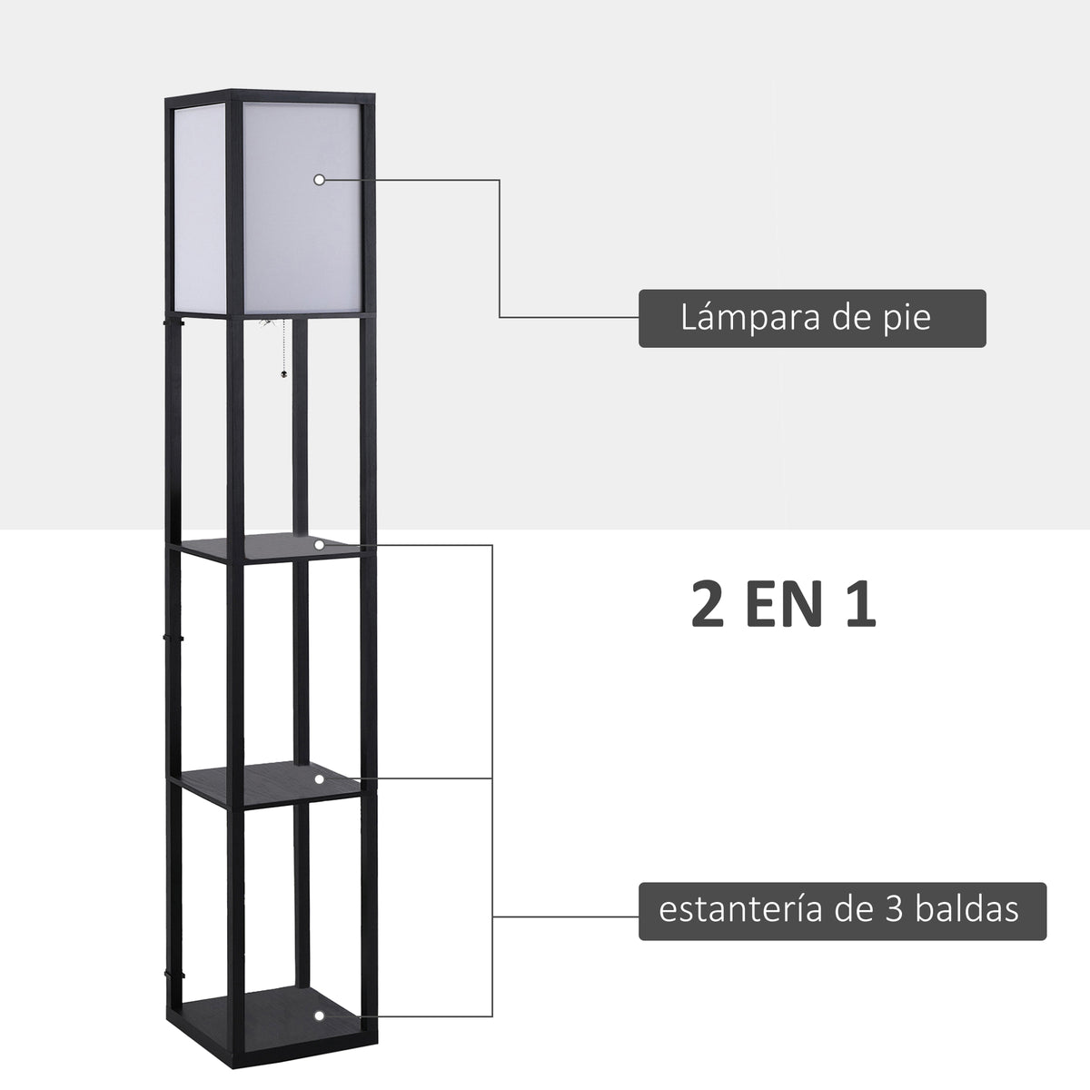 Lámpara de pie negra con estantería de 3 baldas, vista 4