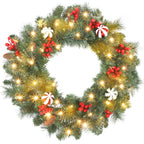 Corona de Navidad de 60 cm con luces LED, bolas y bayas, vista de frente sobre fondo blanco