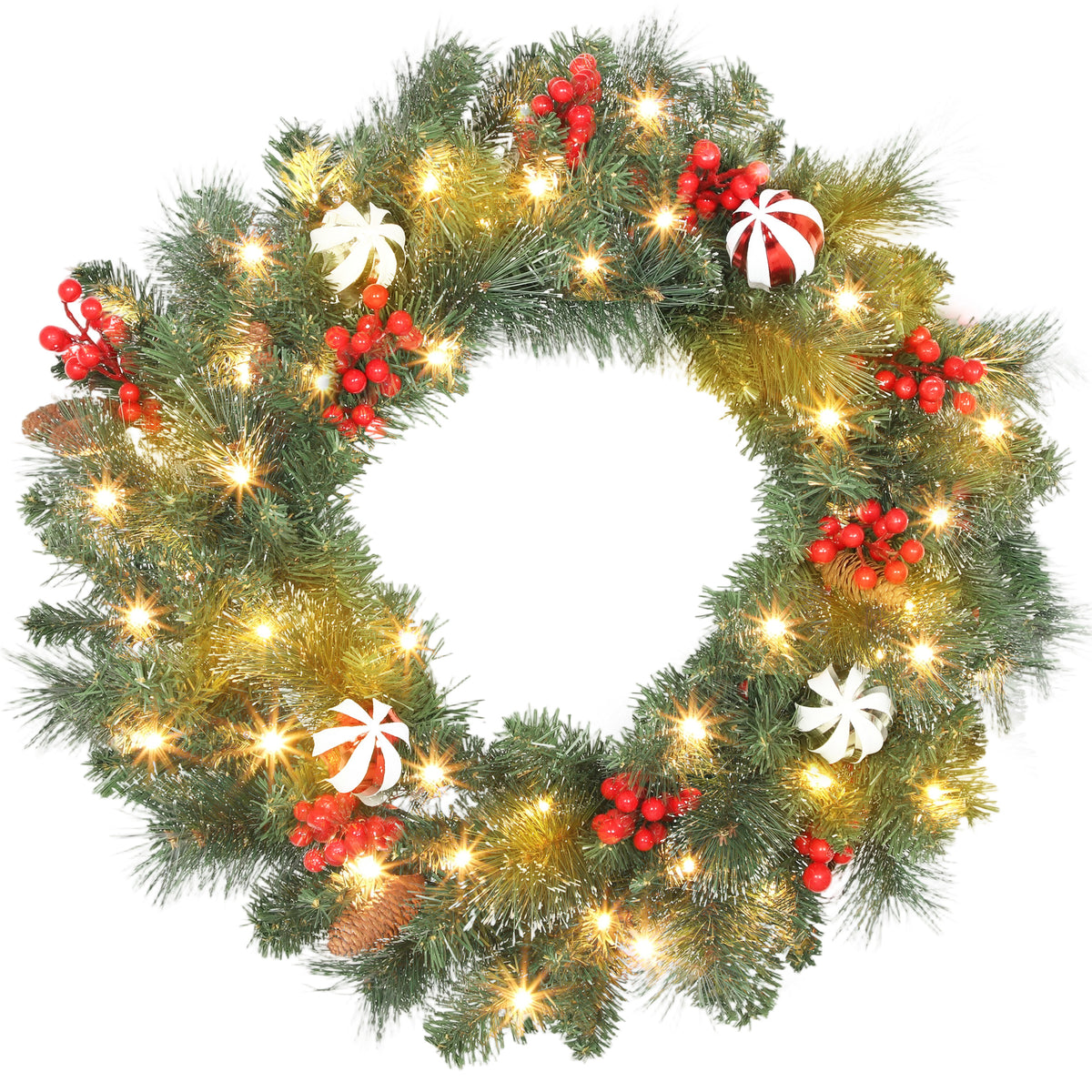Corona de Navidad de 60 cm con luces LED, bolas y bayas, vista de frente sobre fondo blanco
