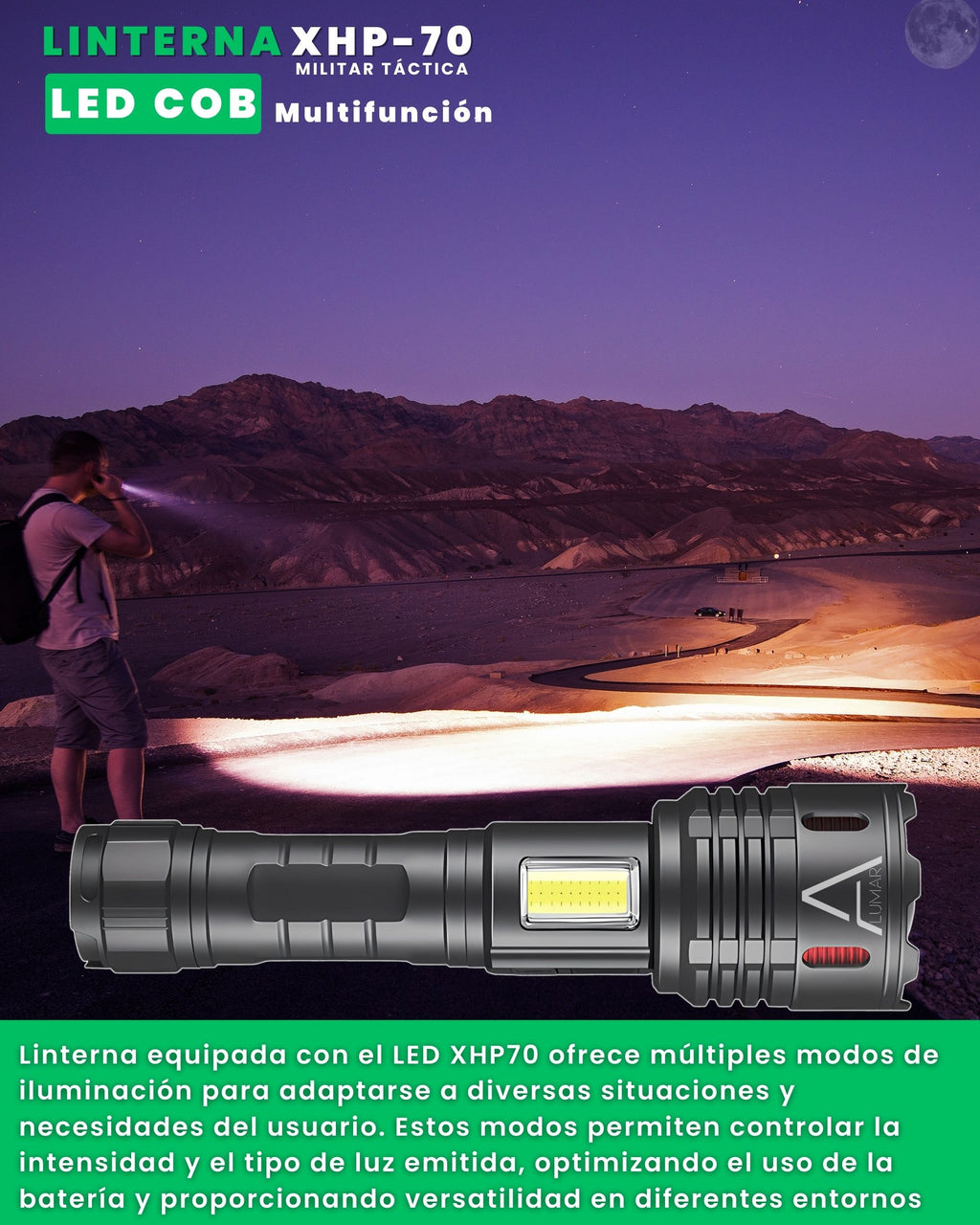 Linterna LED XHP-70 Militar Táctica ALUMAR con LED COB multifunción, iluminando de noche en montaña