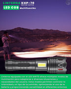 Linterna LED XHP-70 Militar Táctica ALUMAR con LED COB multifunción, iluminando de noche en montaña
