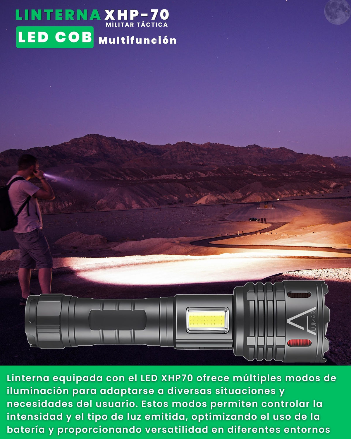 Linterna LED XHP-70 Militar Táctica ALUMAR con LED COB multifunción, iluminando de noche en montaña