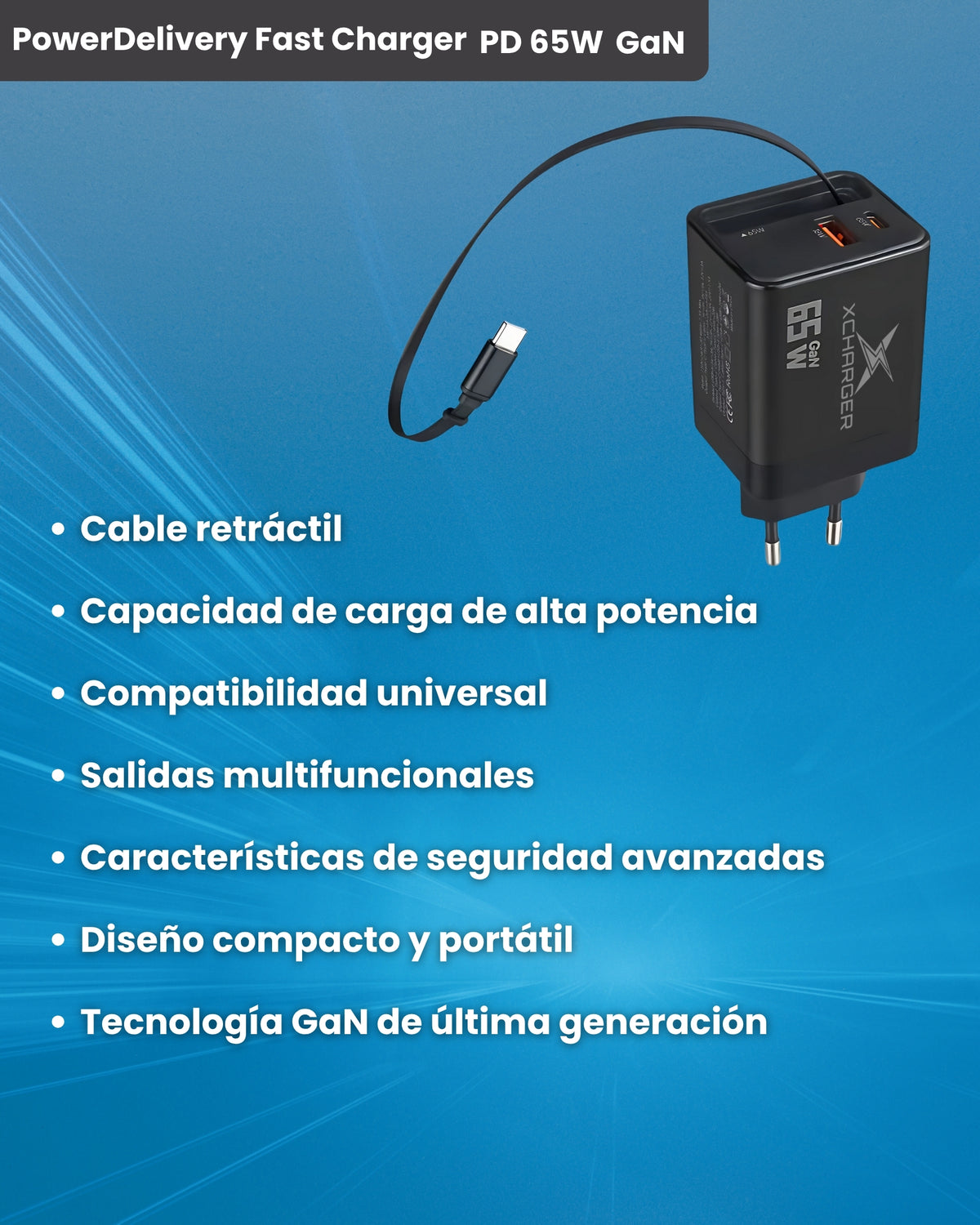 Cargador XCharger 65W GaN, presentación del producto y su caja