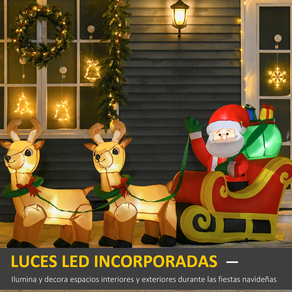 Luces LED incorporadas: Papá Noel con trineo y renos hinchables iluminados de noche frente a una casa