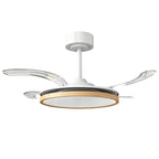 Ventilador de techo con luz y 4 aspas retráctiles transparentes sobre fondo blanco