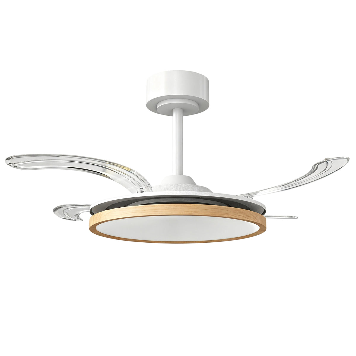 Ventilador de techo con luz y 4 aspas retráctiles transparentes sobre fondo blanco