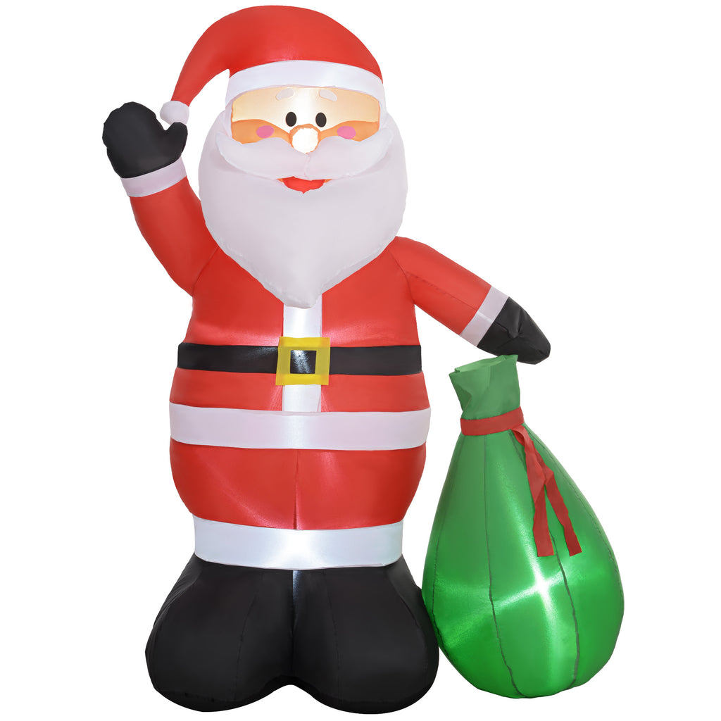 Papá Noel hinchable de 180 cm saludando con un saco de regalos verde, vista frontal sobre fondo blanco