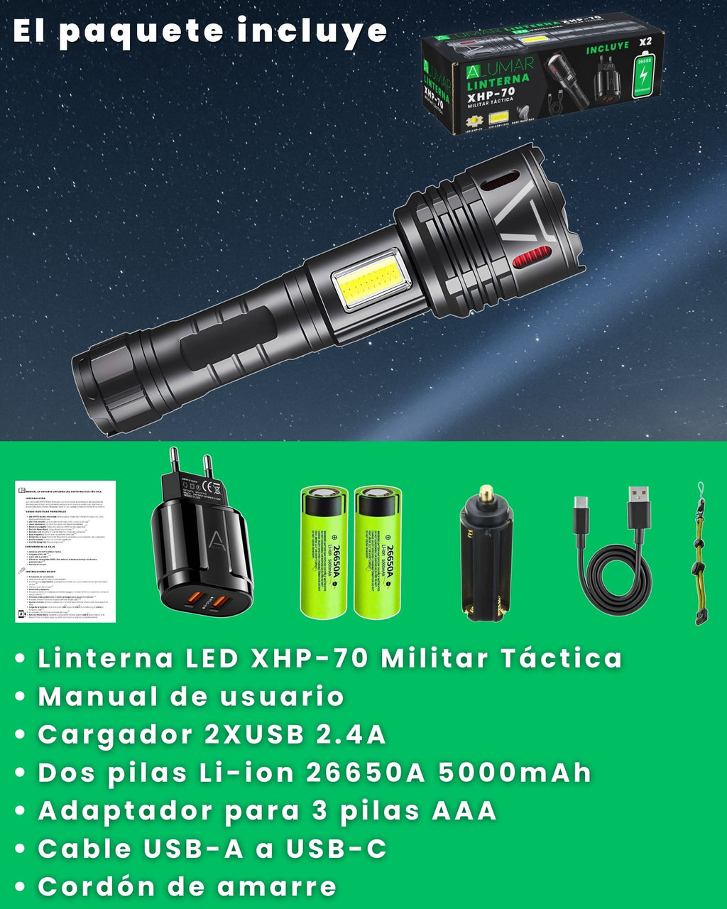 Contenido del paquete de la linterna LED XHP-70 ALUMAR: cargador 2xUSB, baterías 26650, adaptador para pilas AAA, cable USB-A a USB-C y cordón de amarre
