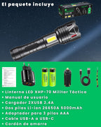 Contenido del paquete de la linterna LED XHP-70 ALUMAR: cargador 2xUSB, baterías 26650, adaptador para pilas AAA, cable USB-A a USB-C y cordón de amarre