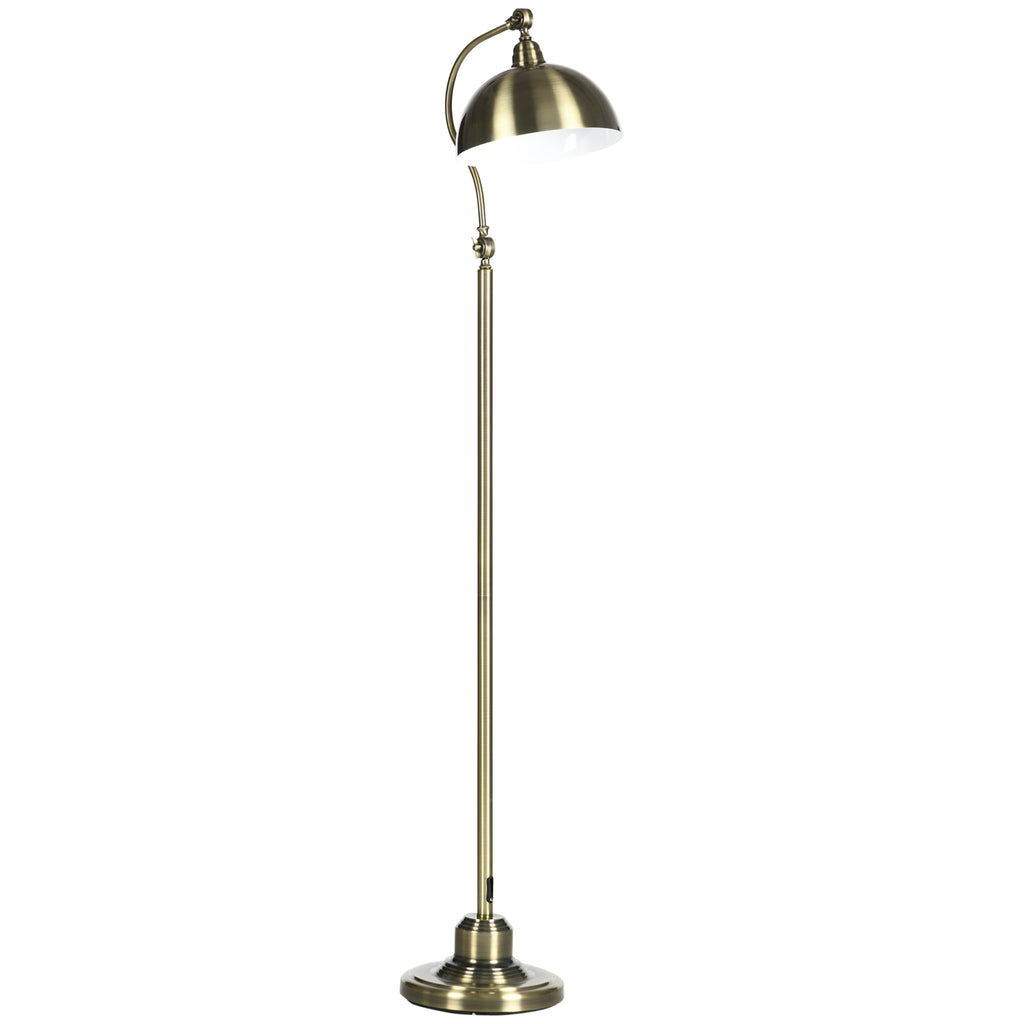 Lámpara de pie retro bronce con la pantalla orientada, vista lateral sobre fondo blanco