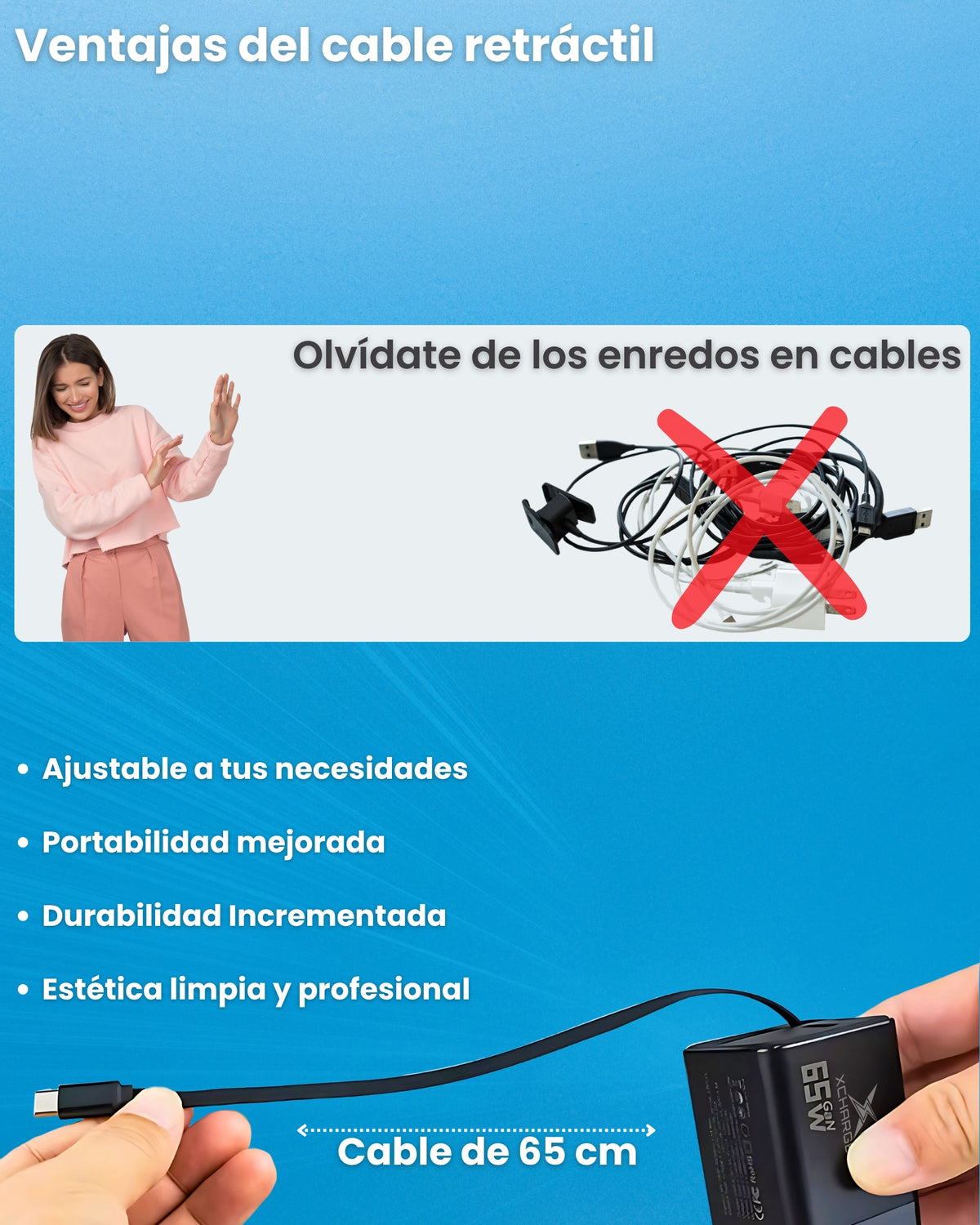 Ventajas del cable USB-C retráctil del cargador XCharger: sin enredos, ajustable y portátil