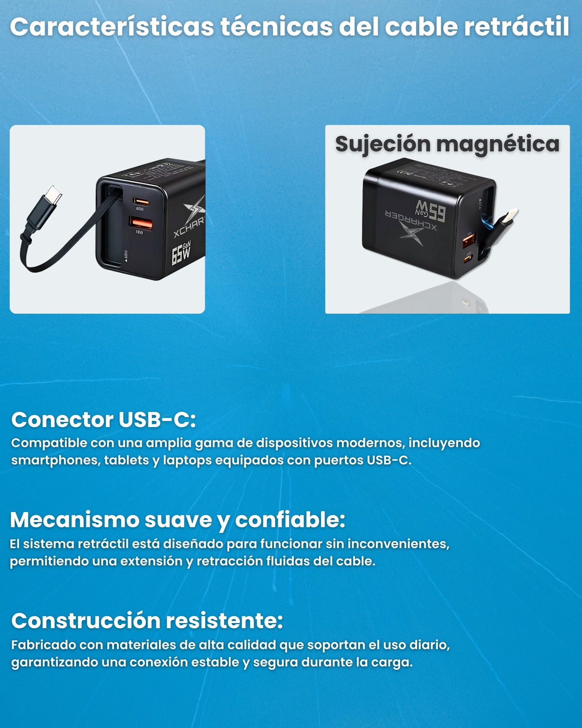 Cable USB-C retráctil de 65 cm del cargador XCharger, extendido y recogido