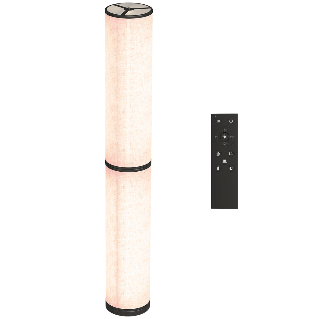 Lámpara de pie LED en columna beige junto a su mando a distancia sobre fondo blanco