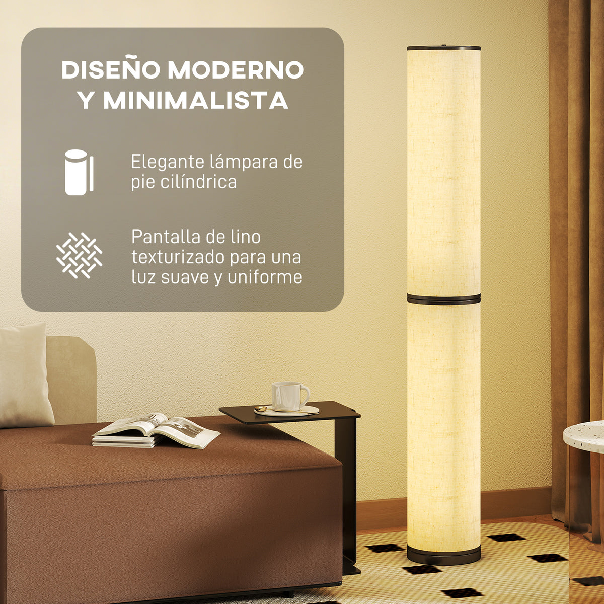 Diseño moderno y minimalista con pantalla de lino texturizado que difunde una luz suave y uniforme