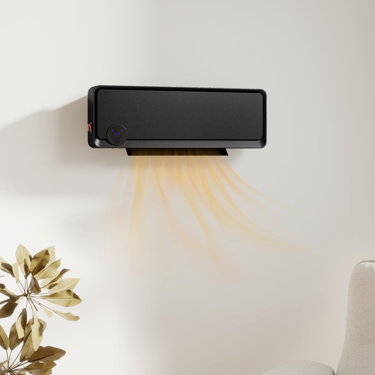 Calefactor de pared negro en un dormitorio