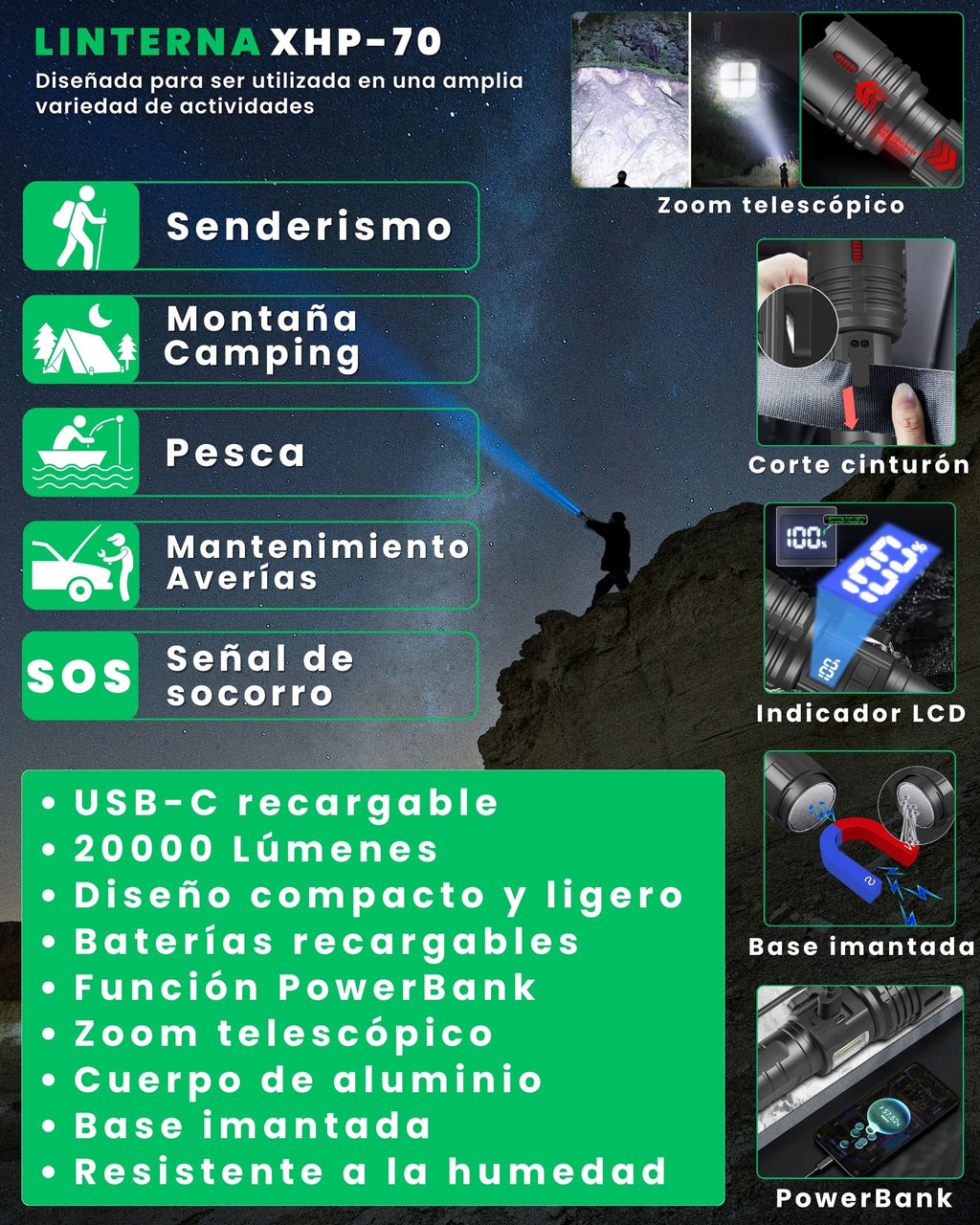 Usos de la linterna LED XHP-70 ALUMAR: senderismo, montaña y camping, pesca, mantenimiento y averías, y señal SOS de socorro