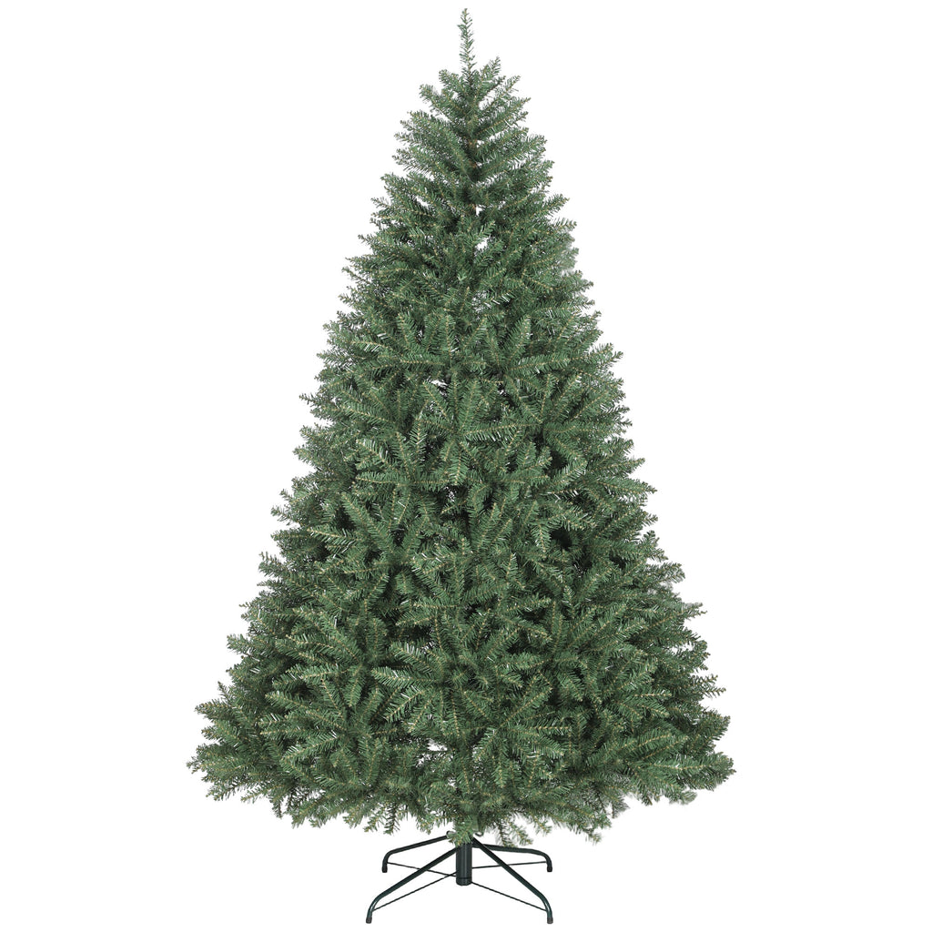 Abeto de Navidad denso de 210 cm con soporte metálico verde, vista frontal sobre fondo blanco