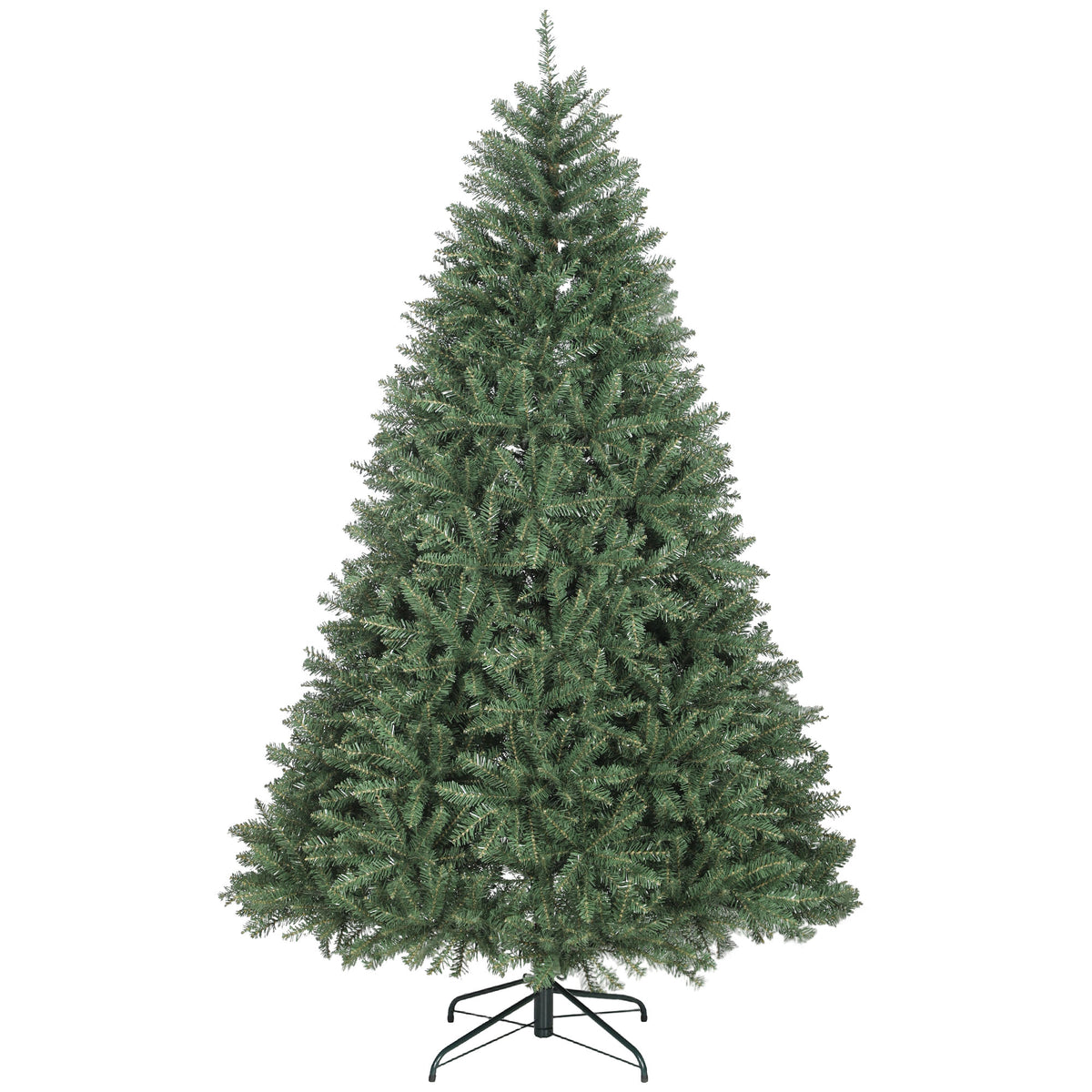 Abeto de Navidad denso de 210 cm con soporte metálico verde, vista frontal sobre fondo blanco