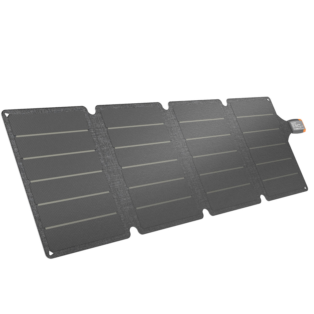 Cargador solar plegable de 36 W gris y naranja sobre fondo blanco