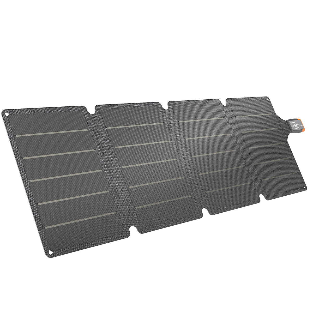 Cargador solar plegable de 36 W gris y naranja sobre fondo blanco