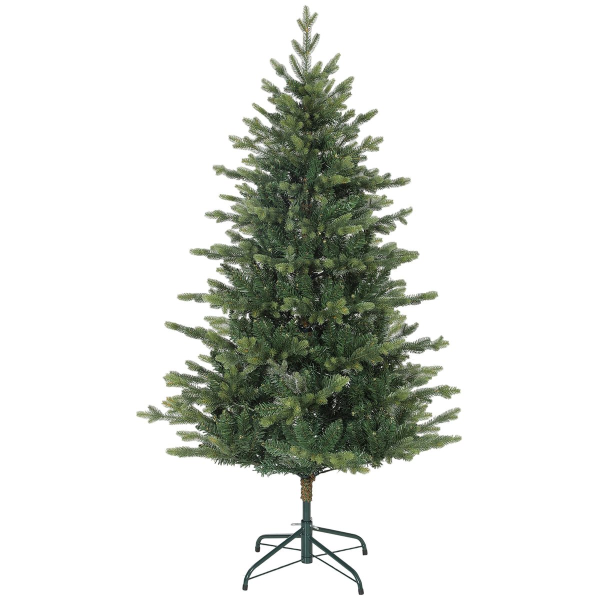 Abeto de Navidad realista verde de 150 cm, vista de tres cuartos sobre fondo blanco