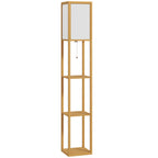 Lámpara de pie de madera natural con estantería, vista frontal