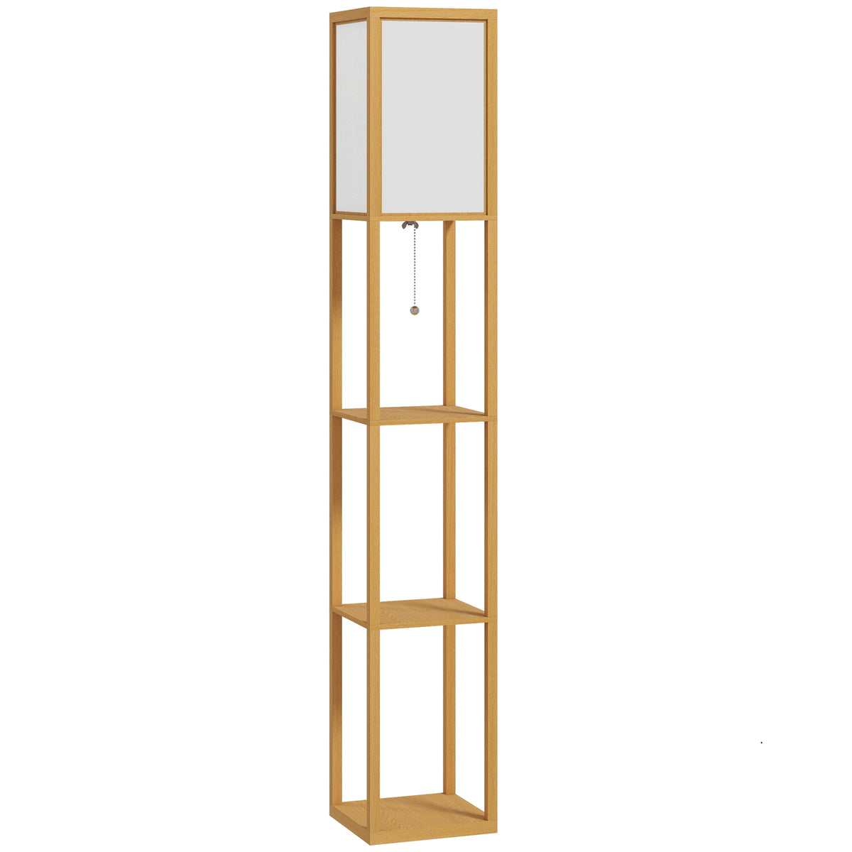 Lámpara de pie de madera natural con estantería, vista frontal
