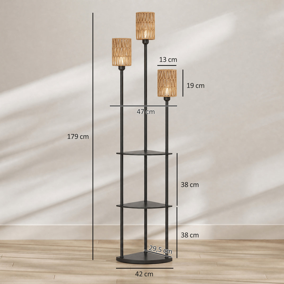 Medidas de la lámpara de pie: 179 cm de alto, 47 cm de ancho, estantes de 38 cm y base de 42 cm