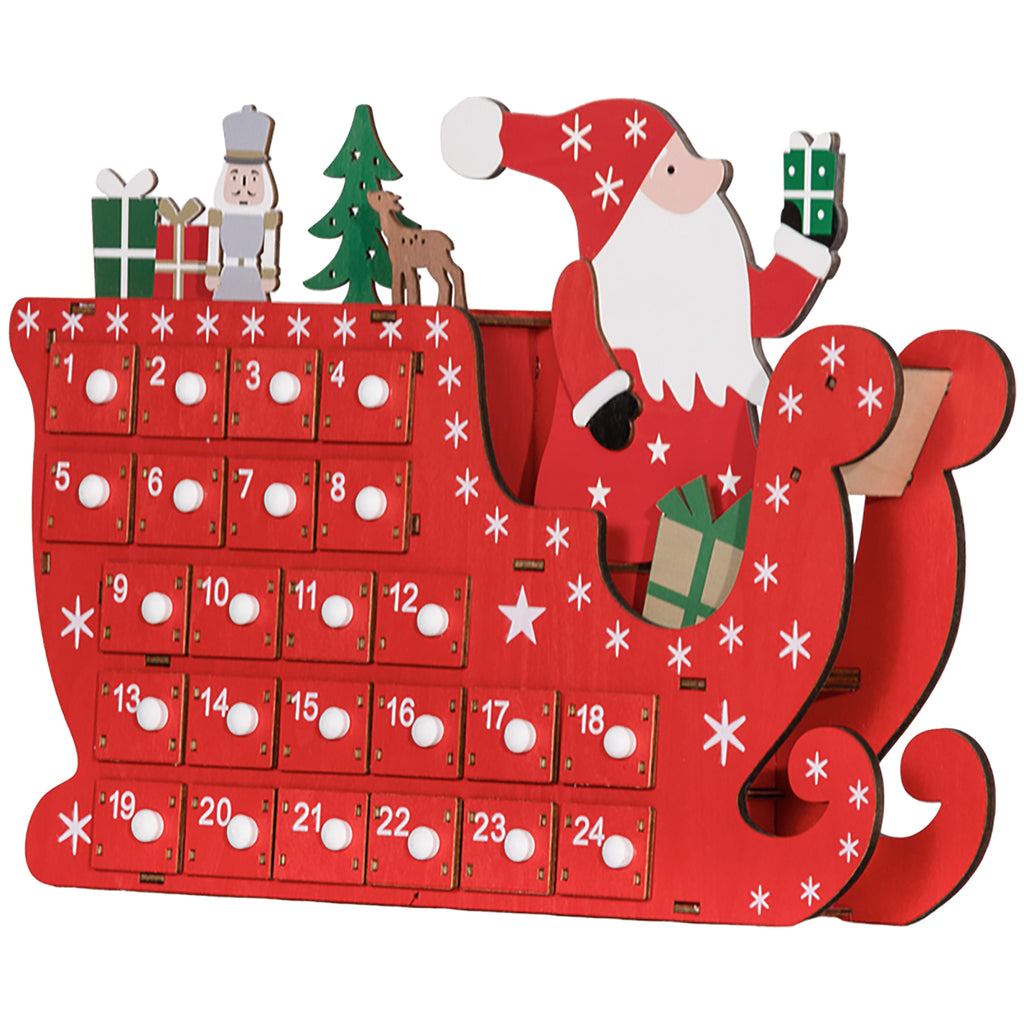 Calendario de Adviento de madera en forma de trineo rojo con Papá Noel, vista completa sobre fondo blanco