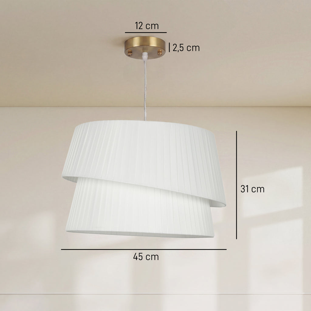 Lámpara colgante blanca con doble pantalla y base de techo dorada, vista 3