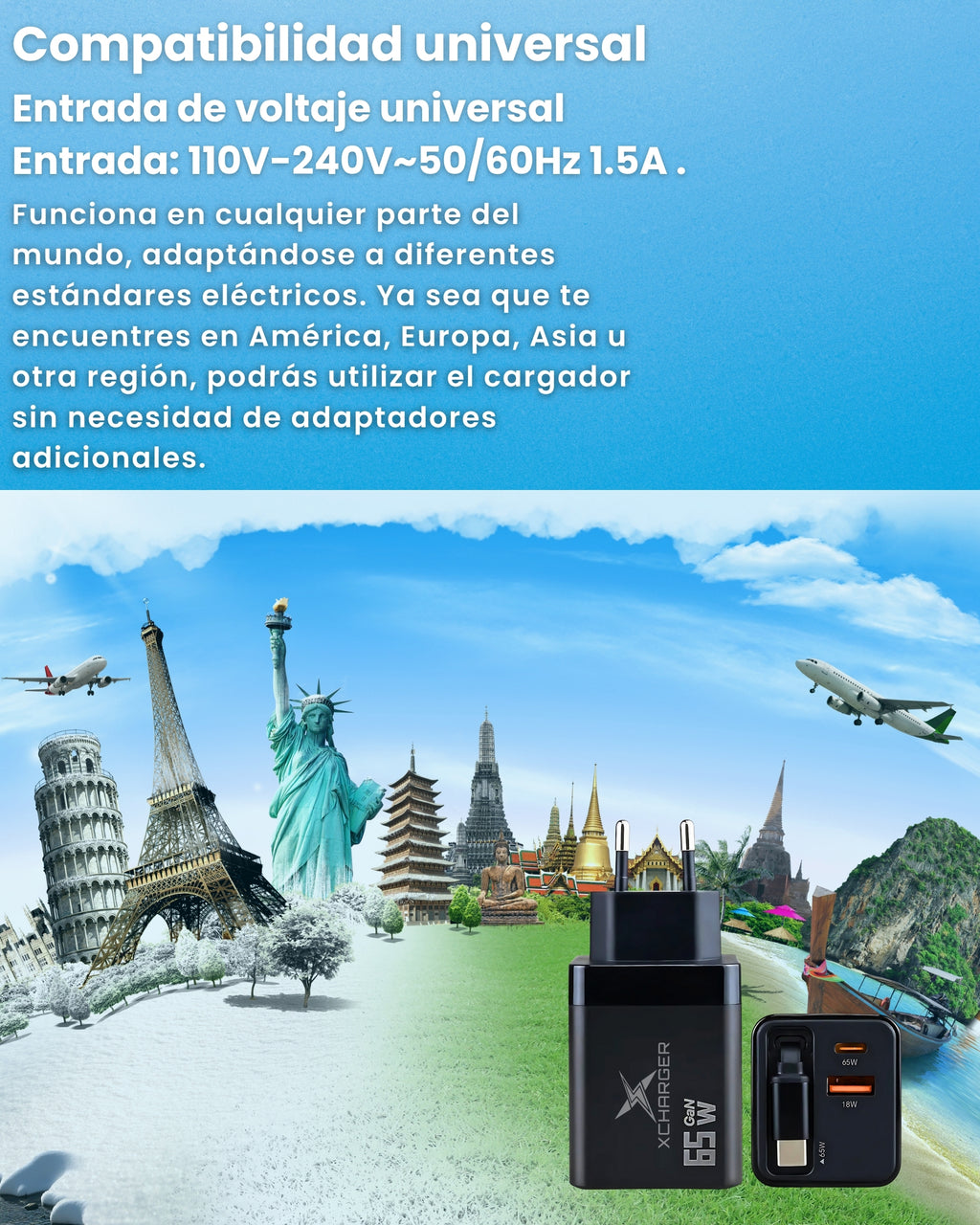 Cargador XCharger 65W GaN, entrada de voltaje universal 110-240V