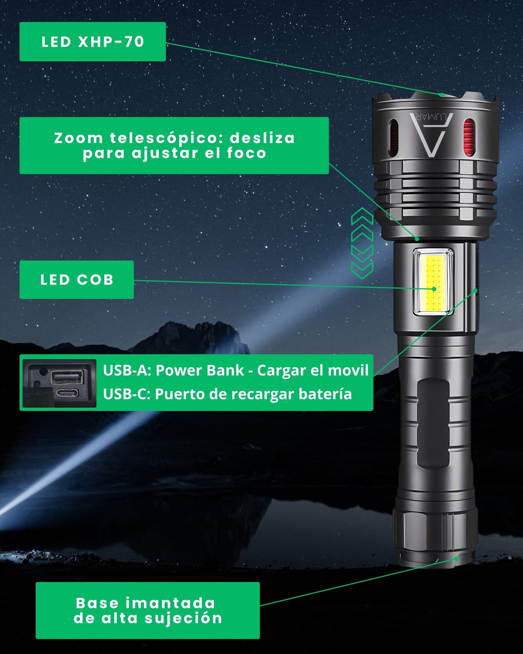 Dimensiones y peso de la linterna LED XHP-70 ALUMAR: 185 x 52 x 35 mm y 270 gramos