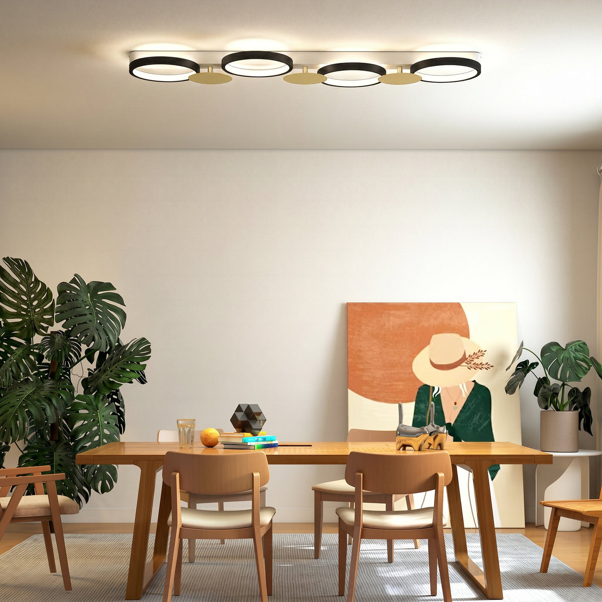 Plafón LED de techo con cuatro anillos negros y dorados, vista 7