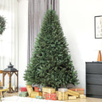 Abeto de Navidad denso de 210 cm junto a unas cortinas grises y un aparador