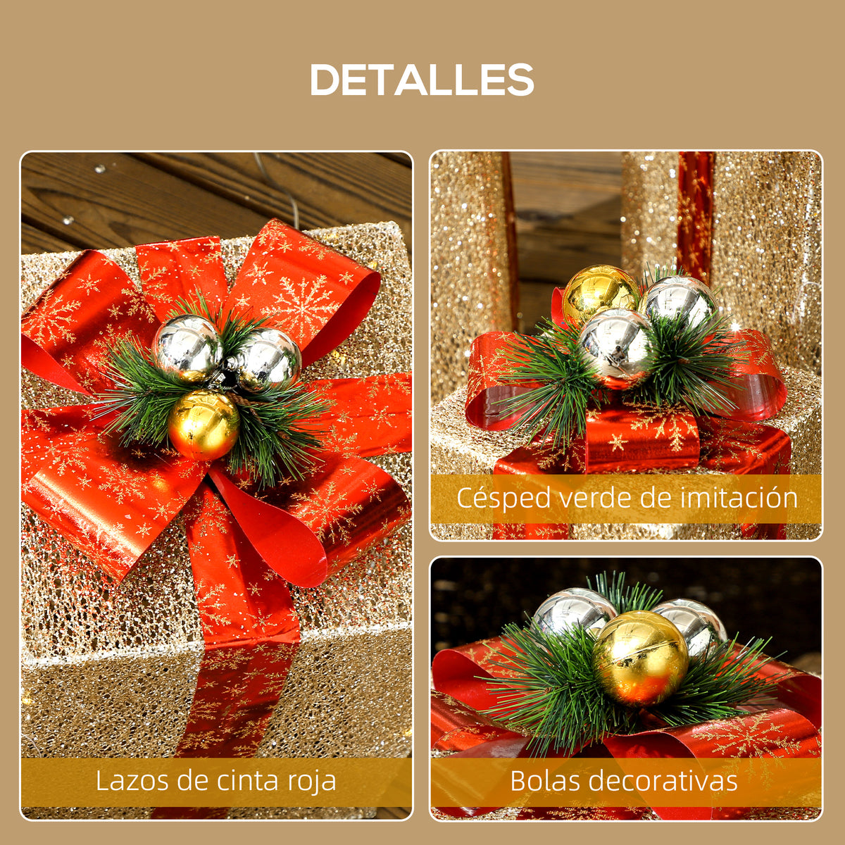 Detalles de las cajas de regalo: lazos de cinta roja, despensa de decoración y bolas decorativas