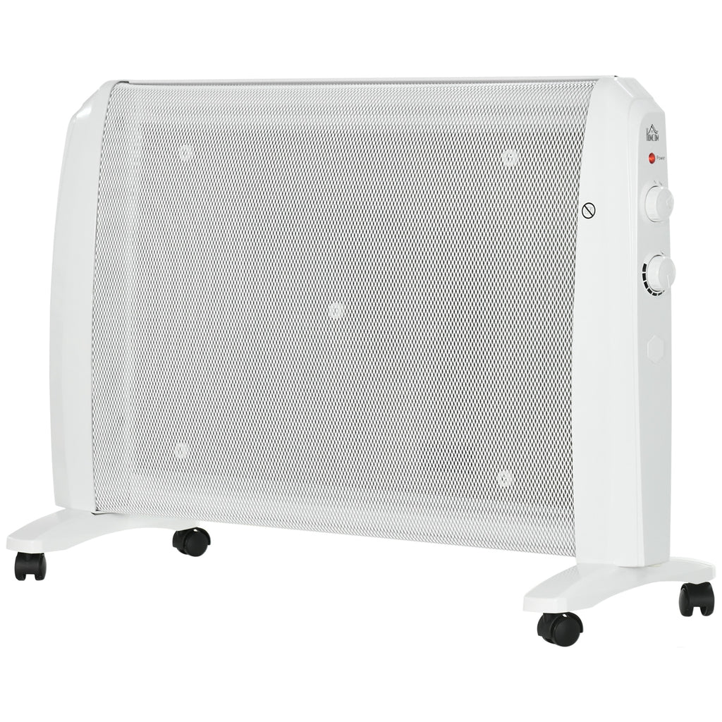 Radiador de mica blanco de 2000 W con ruedas sobre fondo blanco