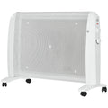 Radiador de mica blanco de 2000 W con ruedas sobre fondo blanco